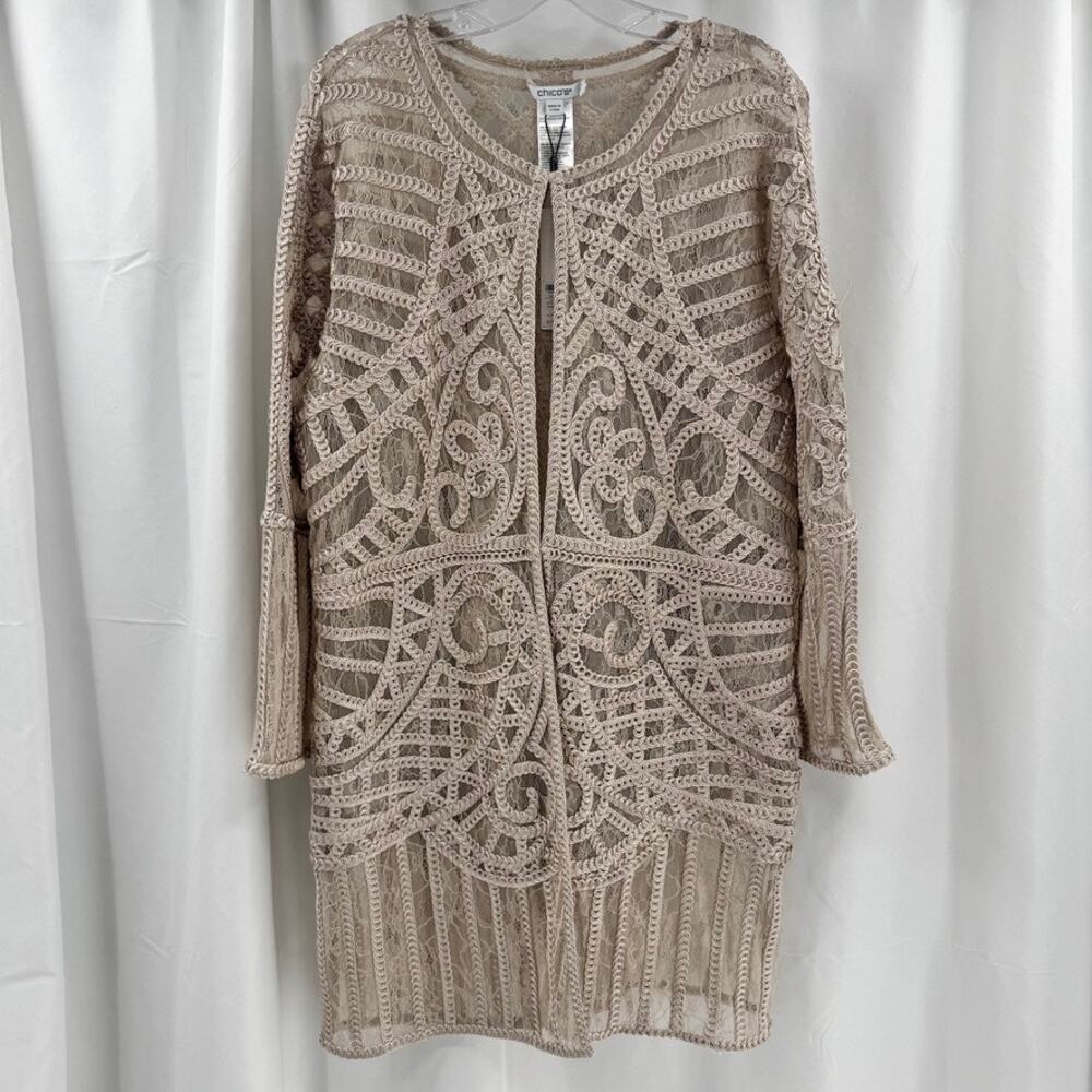 Chico's Travelers Embroidered Lace Jacket Sz 2/L Smokey Taupe Long Elegant